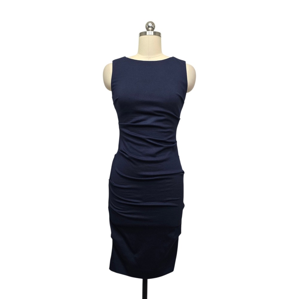 Artelier Nicole Miller Navy Blue Ruched Sheath Dress Sleeveless Size P (XS)